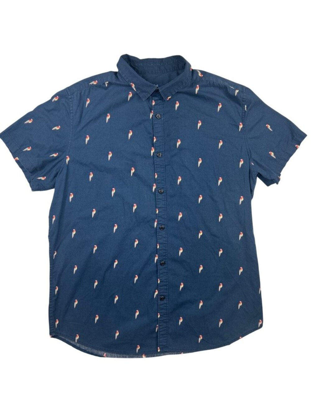 George Slim Fit Parrot Print Button Up Shirt Men's L Navy Tropical Short Sleeve